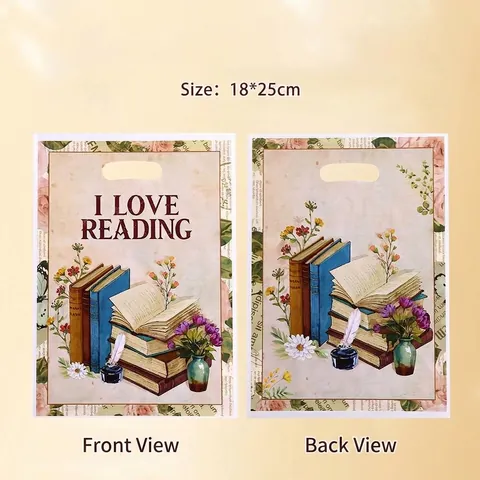 I Love Reading Retro Books Floral Gift Bags Plastic Pearl Film Packaging Bags For Kids Party Candy Snacks Small Bags