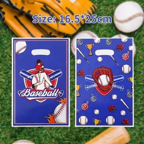Sacs-cadeaux Imprimés sur le Thème du Baseball pour Fêtes d'Enfants Sacs à Bonbons en Plastique à Motif Baseball Bleu pour Anniversaire Sacs de Fête Sport