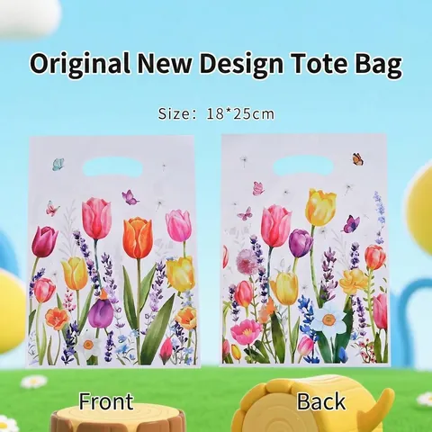 Tulip Flower Printed Plastic Gift Bags With Handles Pearlescent Film Floral Packaging For Party Favors Wedding Candy Snacks Supplies