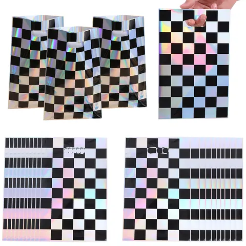 Holographic Laser Checkerboard Handbag Party Favors Gift Bag Candy Packaging Plastic Die Cut Handle Birthday Return Bag