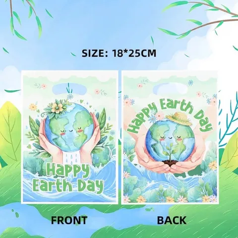 Happy Earth Day Theme Plastic Handbags For Candy Snacks Eco Friendly Illustration Designs Packaging Bags Die Cut Handle