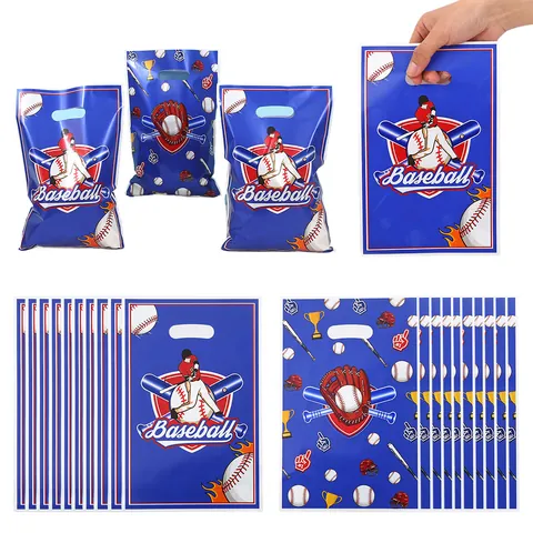 Sacs-cadeaux Imprimés sur le Thème du Baseball pour Fêtes d'Enfants Sacs à Bonbons en Plastique à Motif Baseball Bleu pour Anniversaire Sacs de Fête Sport