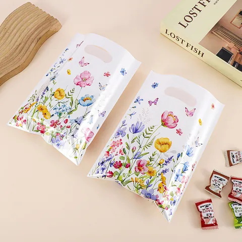 Bolsas de Regalo Con Estampado Floral Con Asa Película de Perla Bolsas de Plástico para Caramelos Para Bodas Cumpleaños Fiesta Bolsas