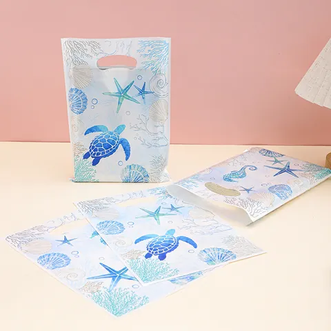 Watercolor Ocean Creatures Plastic Gift Bags Summer Beach Party Favor Bags With Die-cut Handles For Birthday Gift Wrapping