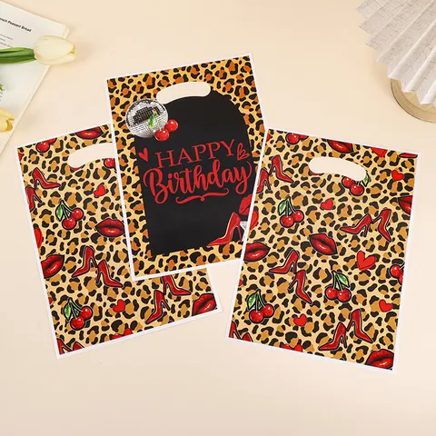 Bolsas de Regalo para Fiesta de Cumpleaños con Estampado de Leopardo Bolsas de Plástico para Dulces con Asa Estampado de Labios Tacones Altos Cereza