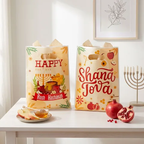 Jewish New Year Gift Bags Rosh Hashanah Pattern Plastic Handle Bags For Holiday Party Favors Treats Pomegranate Menorah Print Bags
