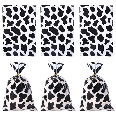 Kuhmuster Schwarz Polka Dot OPP Flache Lebensmittelverpackungsbeutel Zellophan Süßigkeiten Geschenktüten Mit Gold Bindern
