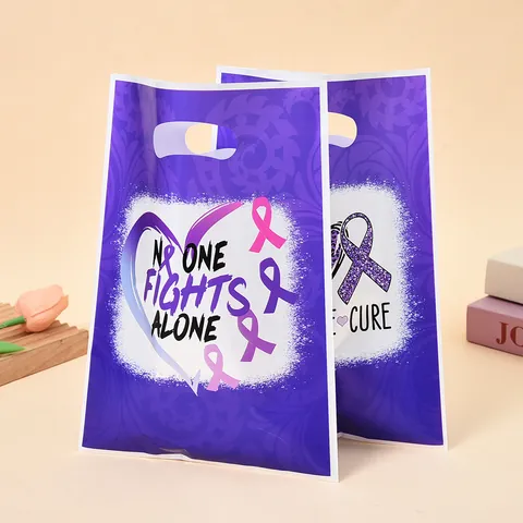 Inspirational Purple Plastic Gift Bags Peace Love Cure No One Fights Alone Printed Candy Cookie Treat Bags For Party Favors Wedding Handbag