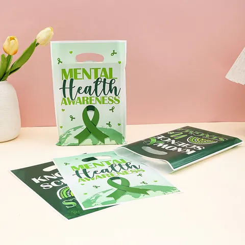 Mental Health Awareness Plastic Gift Bag Green Ribbon Public Welfare Handheld Packaging Bag Waterproof Charity Promotion Hand Bag