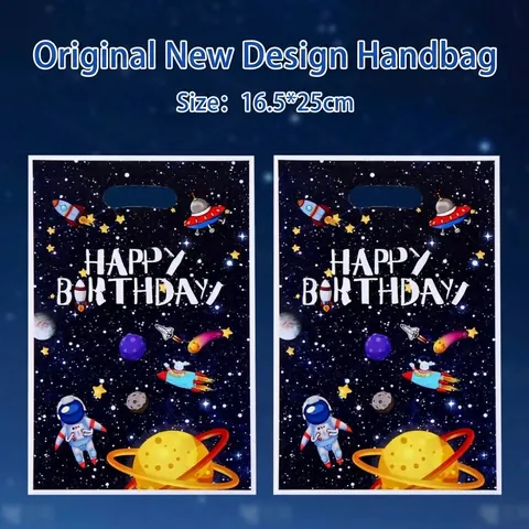 Space Astronaut Pattern Birthday Party Gift Bags Kids Outer Space Theme Planet Rocket Printed Plastic Handle Packaging Bag