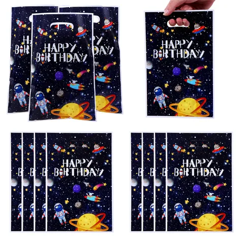Space Astronaut Pattern Birthday Party Gift Bags Kids Outer Space Theme Planet Rocket Printed Plastic Handle Packaging Bag