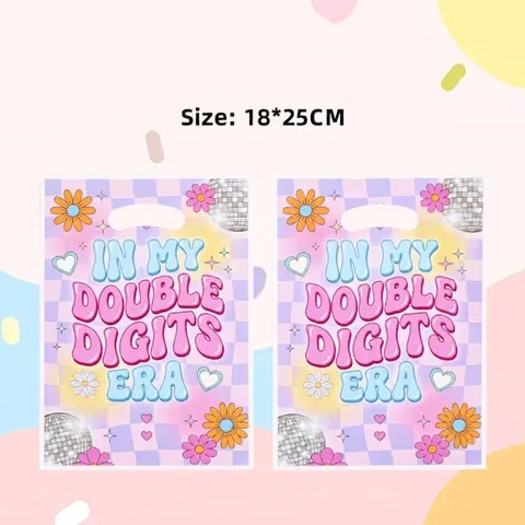Groovy In My Double Digits Era Party Gift Bags 10th Birthday Retro Purple Checkered Flower Plastic Candy Goodie Packaging Bags For Kids