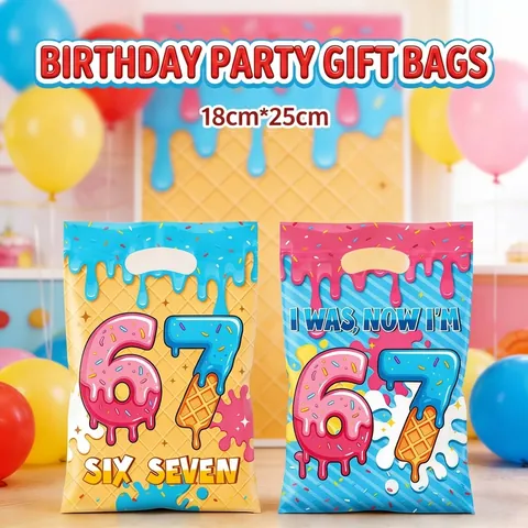 Sacs Cadeaux Fête Anniversaire Thème Donut Crème Glacée Sacs à Bonbons en Plastique avec Poignées pour 67 Anniversaire