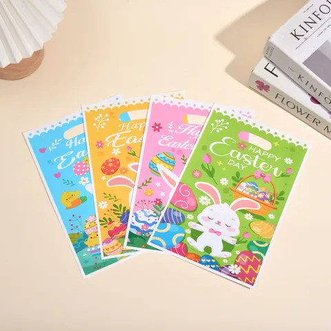 Sacs Cadeaux de Pâques Dessin Animé Multicolore en Plastique Avec Poignées Pour Fêtes Motif Lapin et Œufs Sac d'Emballage