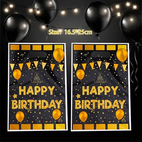 Sacs Cadeaux en Plastique Noir et Or Happy Birthday Sacs à Main pour Fête Bonbons et Friandises Imprimés Gâteau Ballon