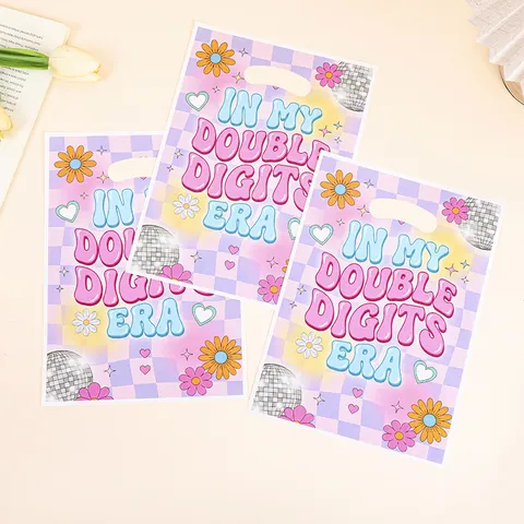 Groovy In My Double Digits Era Party Gift Bags 10th Birthday Retro Purple Checkered Flower Plastic Candy Goodie Packaging Bags For Kids