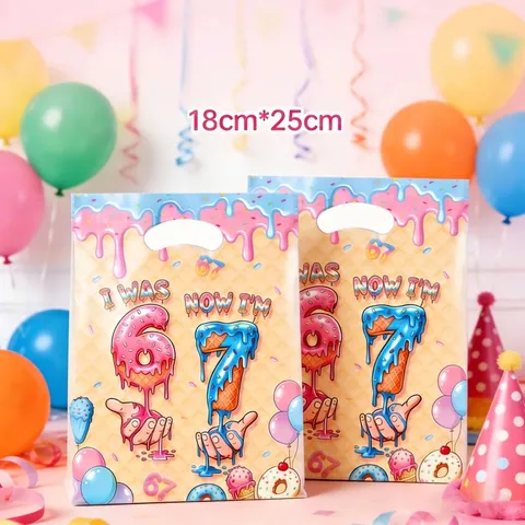 Sacs Cadeaux en Plastique pour Fête d'Anniversaire Dessin Animé Donut Crème Glacée Impression de Lettres Sacs à Poignées pour Bonbons Enfants