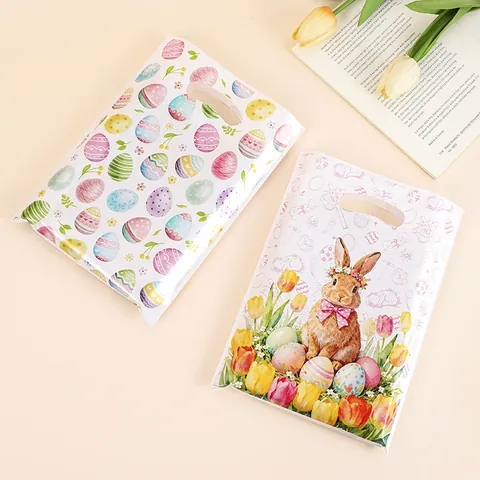 Easter Bunny Gift Bags Cartoon Rabbit Easter Egg Printed Plastic Handheld Pouches For Party Candy Snack Gift Packaging