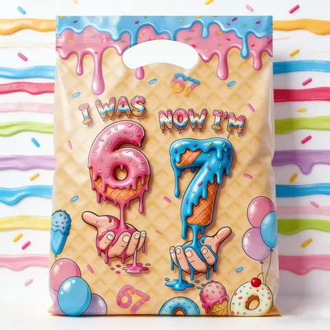 Sacs Cadeaux en Plastique pour Fête d'Anniversaire Dessin Animé Donut Crème Glacée Impression de Lettres Sacs à Poignées pour Bonbons Enfants