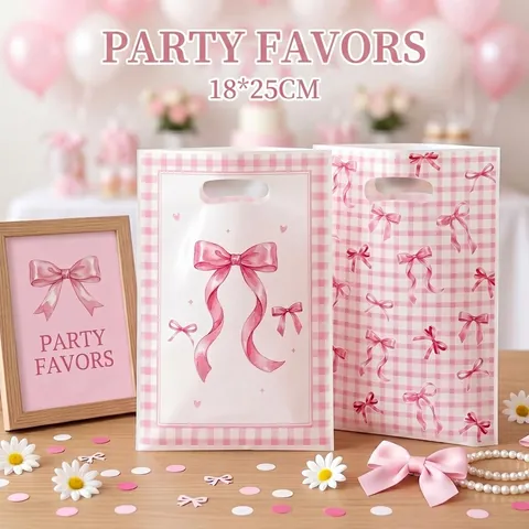 Sweet Pink Bow Plastic Gift Bags Gingham Ribbon Bowknot Party Favor Bags With Handle For Birthday Baby Shower Packaging