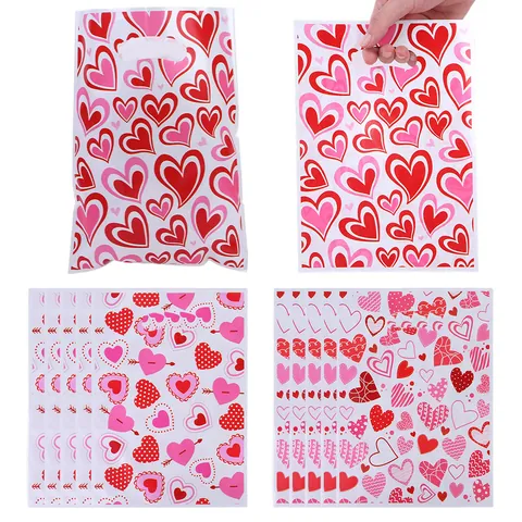 Bolsas de Regalo de Plástico con Estampado de Corazón de San Valentín Bolsas de Mano para Regalos de Fiesta Embalaje de Caramelos Amor Romántico Estampado de Labios