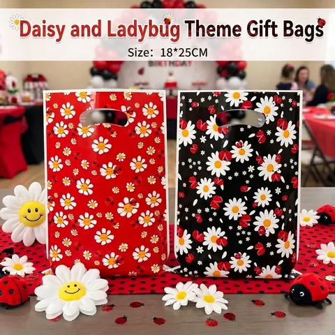 Bolsas de Regalo de Plástico con Estampado de Margaritas y Mariquitas con Asas Troqueladas para Regalos de Fiesta Embalaje de Caramelos Galletas Estilo Pastoral