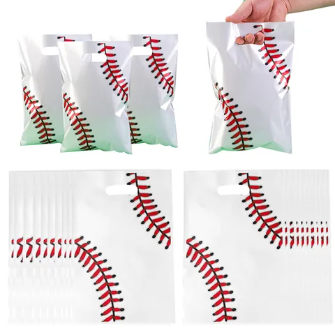 Sacs Cadeaux de Fête Thème Baseball Film Perlé Sacs en Plastique Avec Poignée Anniversaire Motif Sportif Emballage