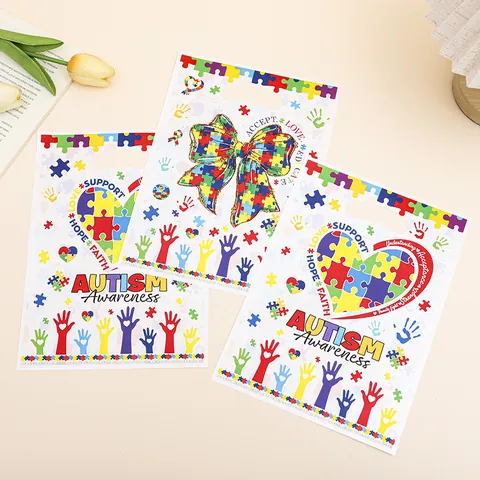 Autism Awareness Theme Plastic Gift Bag Heart Butterfly Puzzle Pattern Printed Candy Packaging Pouch With Handle For Party Event