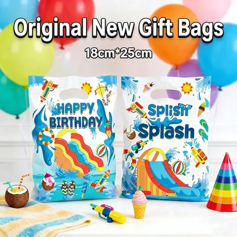 Summer Water Park Theme Gift Bags Thickened Plastic Tote Bags For Kids Birthday Pool Party Favors Printed Treat Bags