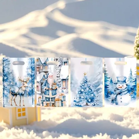 Blue Christmas Theme Tote Gift Bags Pearl Film Plastic Candy Packaging For Holiday Party With Santa Reindeer Snowman Print