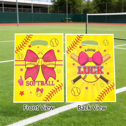 Softball Theme Gift Bags Pink Bow Baseball Party Favor Bags Plastic Tote Bags With Handle Sports Birthday Decorations