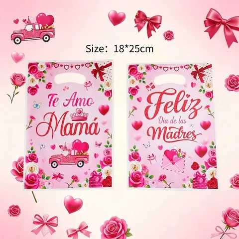 Spanish Mother's Day Plastic Gift Bags Pink Rose Te Amo Mamá Floral Print Party Favor Bags For Candy Gifts Women