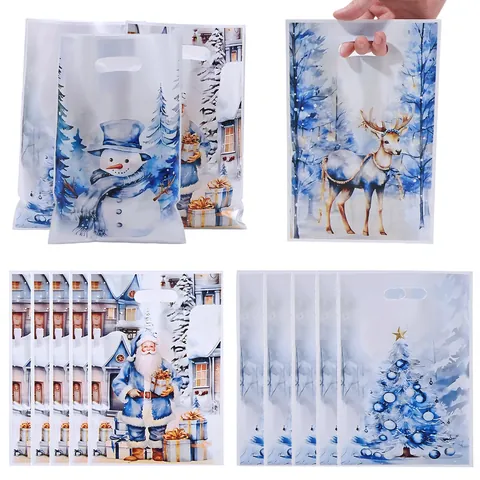 Blue Christmas Theme Tote Gift Bags Pearl Film Plastic Candy Packaging For Holiday Party With Santa Reindeer Snowman Print
