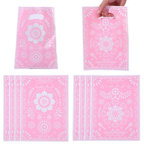Pink Mexican Folk Floral Mandala Pattern Plastic Gift Bags With Handle Cielito Lindo Party Favor Bags For Wedding Festival