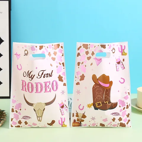 Roze Western Cowboy Rodeo Party Gunst Zakken My First Rodeo Koeprint Plastic Parelmoerfolie Cadeautassen voor Snoep