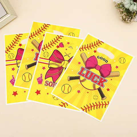 Softball Theme Gift Bags Pink Bow Baseball Party Favor Bags Plastic Tote Bags With Handle Sports Birthday Decorations