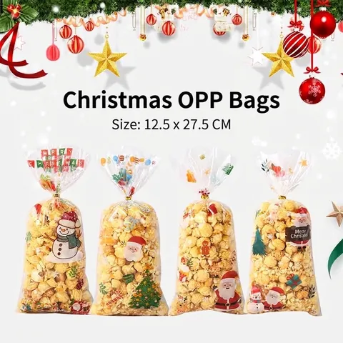 Weihnachten Weihnachtsmann OPP Süßigkeitenbeutel Transparent Zellophan Feiertag Party Geschenktüten Für Kekse Popcorn Verpackung Mit Goldenen Bindern
