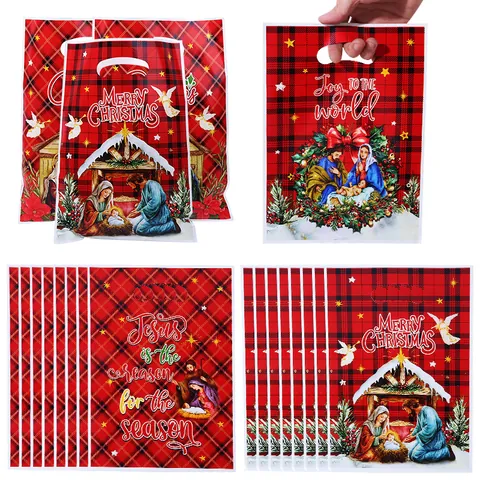 Nativity Scene Christmas Gift Bags Red Plaid Pearl Film Printed Plastic Handle Bags For Holiday Party Candy Packaging