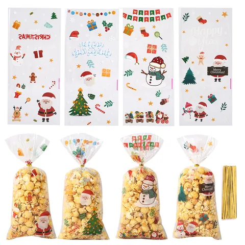 Weihnachten Weihnachtsmann OPP Süßigkeitenbeutel Transparent Zellophan Feiertag Party Geschenktüten Für Kekse Popcorn Verpackung Mit Goldenen Bindern