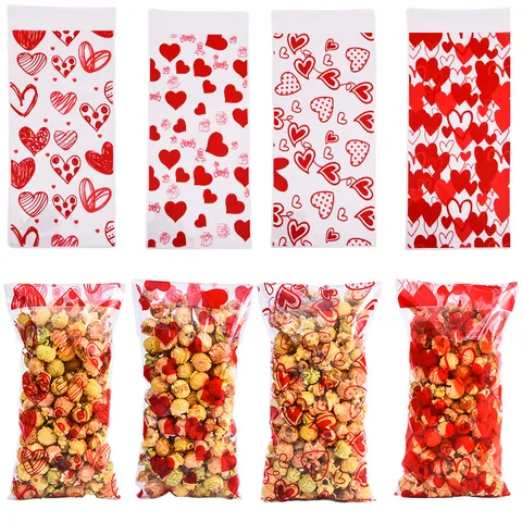 Valentine's Day Heart Print OPP Self-Adhesive Bags Transparent Plastic Candy Cookie Gift Packaging Storage Bags For Party