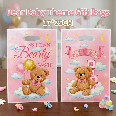 Ροζ Σακούλες Δώρου Baby Shower Αρκουδάκι Πλαστικές Σακούλες με Διάτρητη Λαβή για Πάρτι Νεογέννητου Κοριτσιού