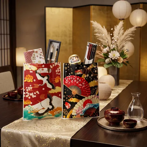 Japanischer Stil Ukiyo-e Kranich Kirschblüte Berg Fuji Geschenktüten Mit Griff Kunststoff Verpackung Tragetasche Für Hochzeit Party