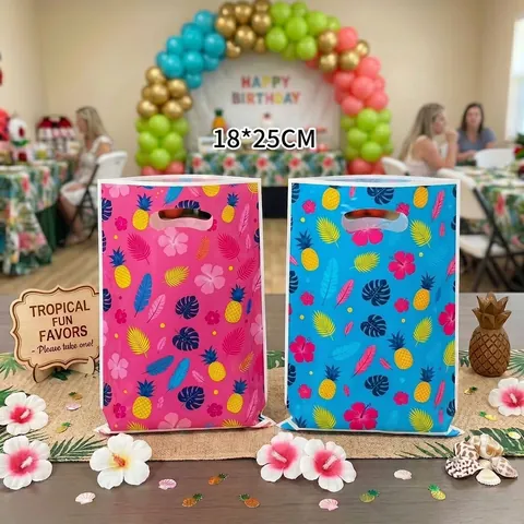 Hawaiian Tropical Hibiscus Flower Palm Leaf Plastic Gift Bags Summer Pool Party Die Cut Handle Printed Treat Bags