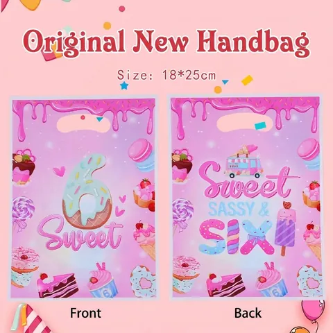 Pink Sweet 6 Birthday Party Gift Bag Donut Dessert Theme Pearlescent Film Handle Bag Food Grade Plastic Candy Cookie Packaging Bag