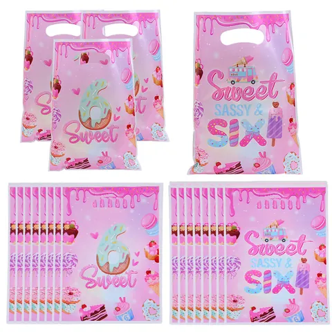 Pink Sweet 6 Birthday Party Gift Bag Donut Dessert Theme Pearlescent Film Handle Bag Food Grade Plastic Candy Cookie Packaging Bag