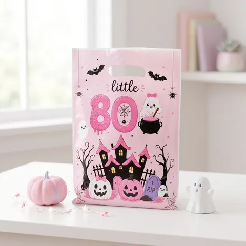 Pink Halloween Ghost Gift Bags For Girls Baby Shower Birthday Party Favors Cute Cartoon Pattern Plastic Handheld Return Bags