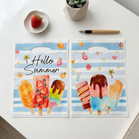 Summer Popsicle Theme Plastic Gift Bags Blue White Striped Flamingo Print For Beach Pool Party Hello Summer Handle Treat Bags