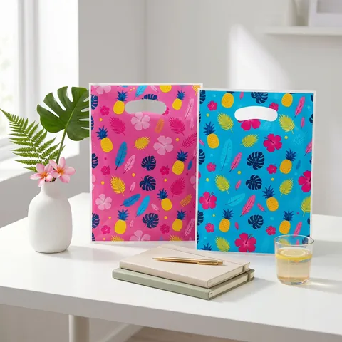 Hawaiian Tropical Hibiscus Flower Palm Leaf Plastic Gift Bags Summer Pool Party Die Cut Handle Printed Treat Bags