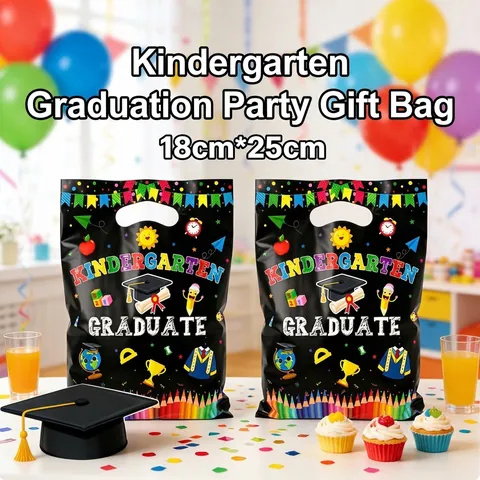 Kindergarten Graduation Gift Bags Black Plastic Handbags For Kids Party Favor Candy Wrapping Printed Treat Bags Graduation Celebration Handbags