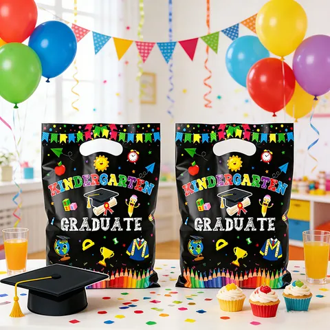 Kindergarten Graduation Gift Bags Black Plastic Handbags For Kids Party Favor Candy Wrapping Printed Treat Bags Graduation Celebration Handbags